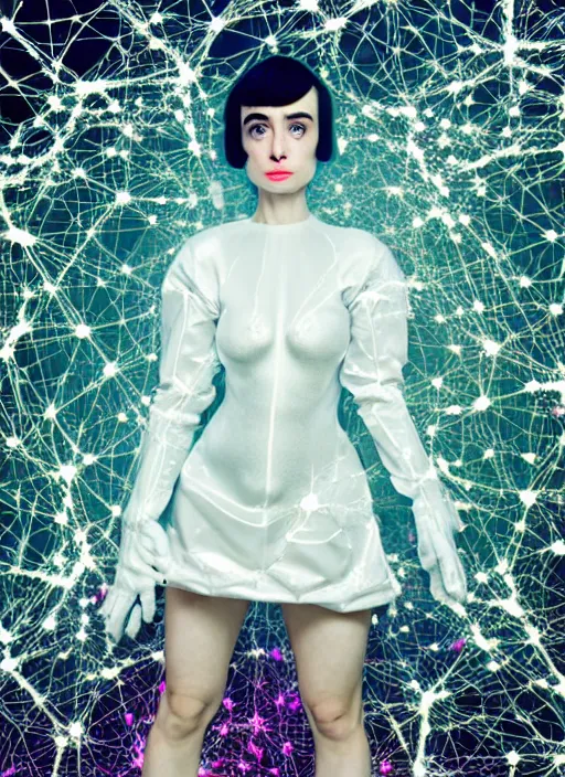 Prompt: hyper render - kawaii portrait ( space suit, chrome, porcelain forcefield, krysten ritter ) punching in network berry and her delicate hands hold gossamer polyp fungal flowers, dress, ryden, odilon