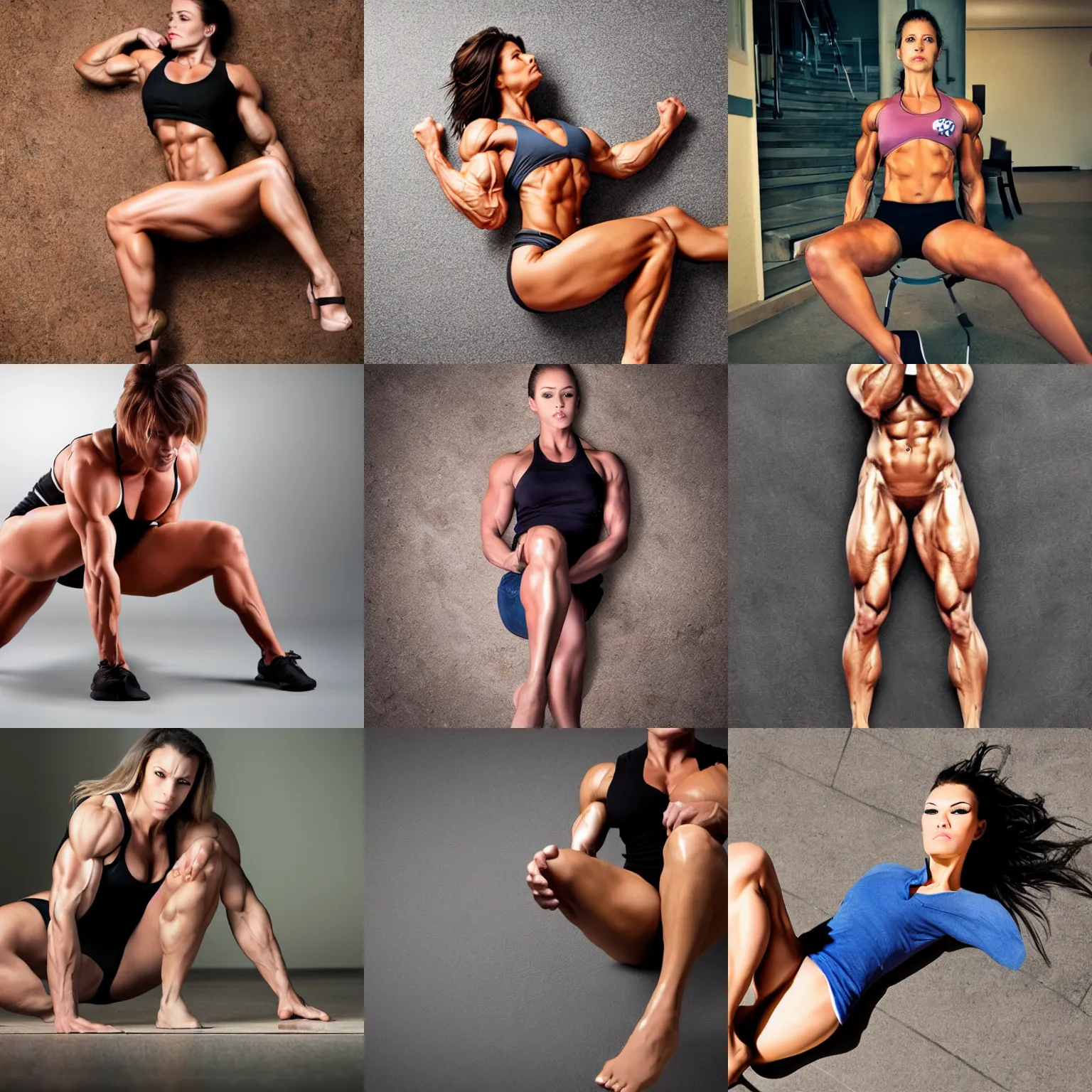 Prompt: photo, a muscular woman, full body, face, foot, floor,