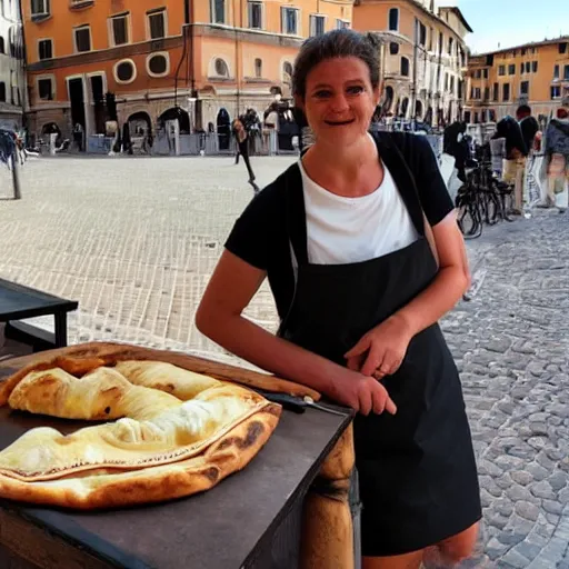 Image similar to A friendly looking maranza offering you a calzone in Rome