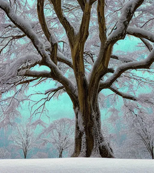 Prompt: a huge standalone tree, seen from the distance in a snowy landscape, near a frozen river made of crystals. art nouveau rococo in the style of caravaggio. hd 8 x matte background in vibrant vivid pastel colour textures