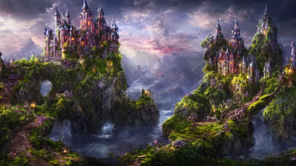 Prompt: amazing landscape photo of a fairy castle, fantasy artwork, very very very beautiful scenery, hd, hdr, ue 5, ue 6, unreal engine 5, cinematic 4 k wallpaper, 8 k, ultra detailed, high resolution, artstation, award winning