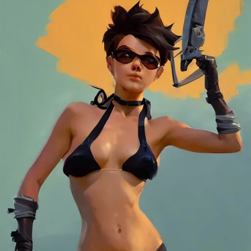 Prompt: greg manchess portrait painting of overwatch's tracer in a bikini, pinup art, medium shot, asymmetrical, organic painting, sunny day, matte painting, bold shapes, hard edges, street art, trending on artstation, by huang guangjian and gil elvgren and sachin teng