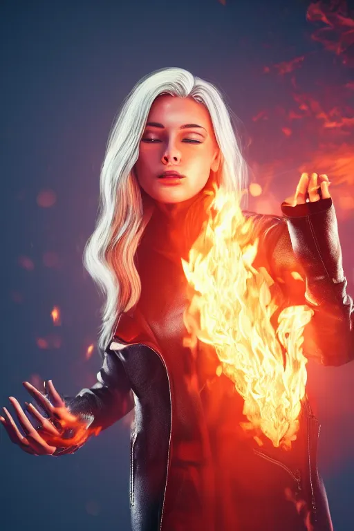 Prompt: a beautiful blonde woman spitting flames with her hands wearing a long matrix jacket, realistic, high definition, many details, dramatic scene, detailed and realistic hands, symmetrical face, realistic eyes, art of unreal engine 5
