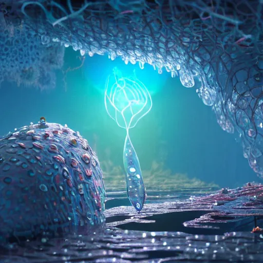 Prompt: tiny single - cell creature, floating, rbc, radiolaria, protophyta, micro - organisms, center, symmetric, rim light, marine microbiology, bioluminescence, electric, fur, soft, concept art, intricate details, highly detailed, colorful, photorealistic, disney pixar, octane render, iridescent, anime, 8 k