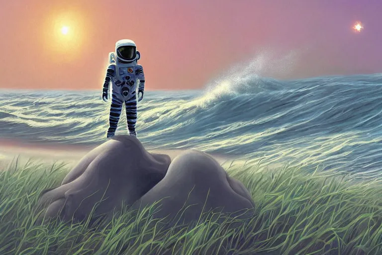 Prompt: surreal painting by chesley bonestelll!!, an astronaut sitting in the sand + ocean with big waves + long grass + broken droid + planets and stars + mystic fog, 5 0's vintage sci - fi style, rule of third!!!!, line art, 8 k, super detailed, high quality