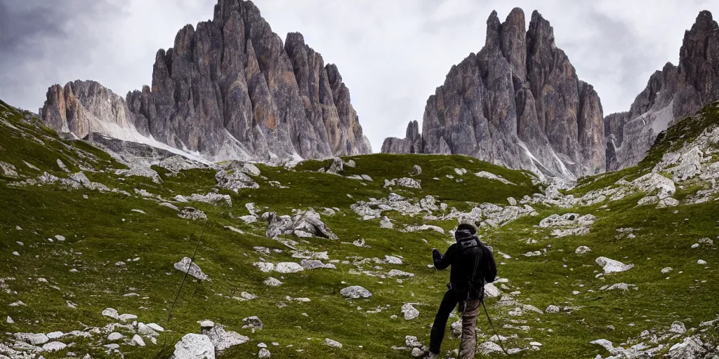 Prompt: desperate, trapped by ancient alpine beings, screaming, lost in the woods, in the dolomites, transforming into something old