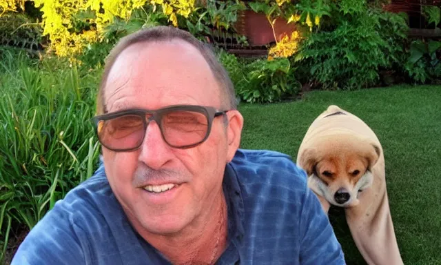 Image similar to My dad Steven just took a hit from the bongo and have good time being gracefully relaxed in the garden, sunset lighting. My second name is Carell. My dad second name is Carell. Im the dog