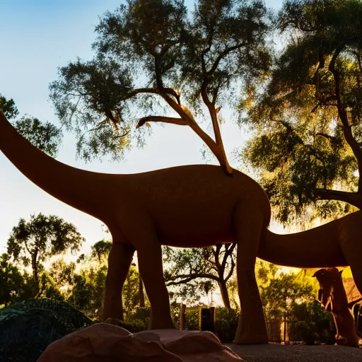 Image similar to photograph of a real brontosaurus exhibit at san diego zoo, tourists in background, bokeh, high definition, slr, golden hour, 4 k