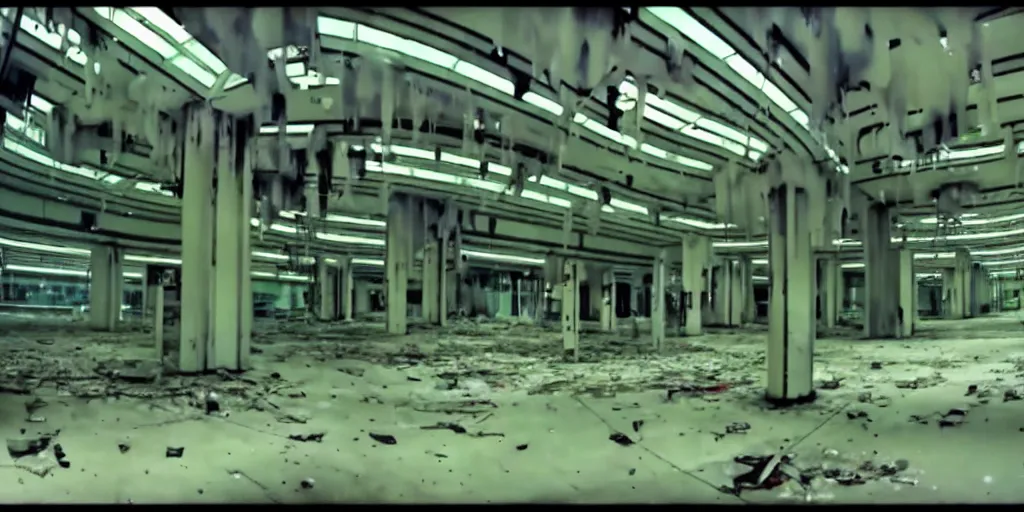 Image similar to abandoned replicant factory in a mall, old distorted camcorder video