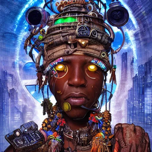 Prompt: an african shaman opening a steampunk portal in a cyberpunk village, by android jones, digital art, trending
