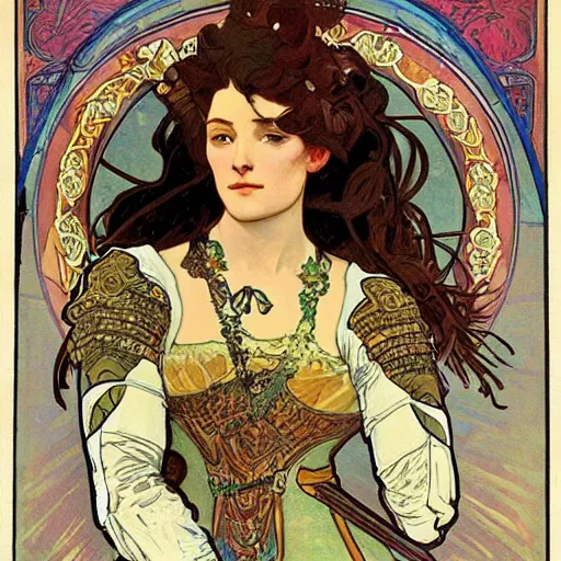 Prompt: woman in full plate armour, lance, flowing hair, painted by alphonse mucha