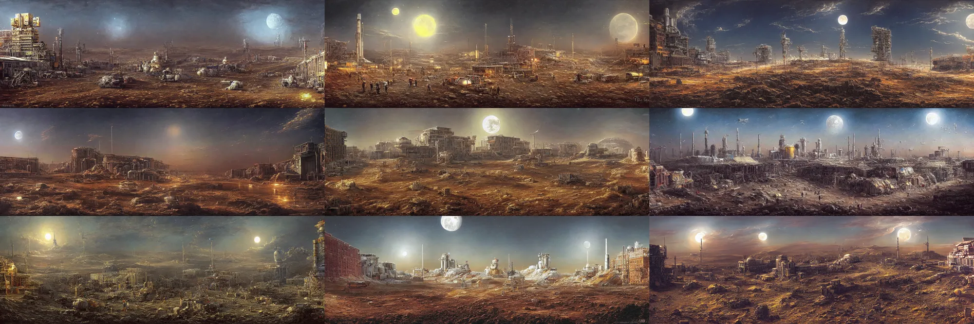 Prompt: painting of a lunar soil norilsk city, sci - fi st. petersburg, lunar soil, busy street, city street on the moon, future norilsk street base, sci - fi, detailed, by thomas cole