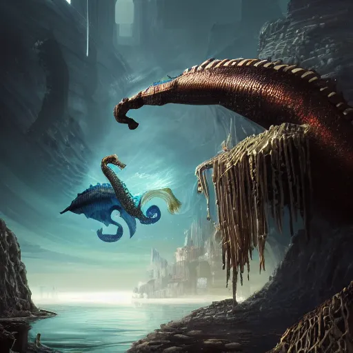 Image similar to a mermaid looking at a giant seahorse above the city of atlantis, by Cedric Peyravernay, highly detailed, excellent composition, cinematic concept art, dramatic lighting, trending on ArtStation