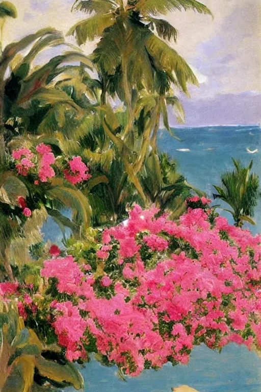 Image similar to beach, rose bunch on the sea surface, a sun in the sky bougainvillea palms, painting by john singer sargent