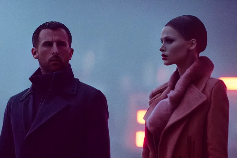 Image similar to film still of closeup beautiful russian models couple in blade runner 2 0 4 9, cinematic, moody, gritty neon noir by emmanuel lubezki