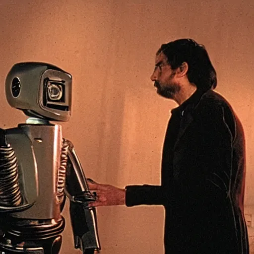 Image similar to a man and a robot in a moment of jealousy, movie still, Movie by Andrzej Zulawski and David Lynch