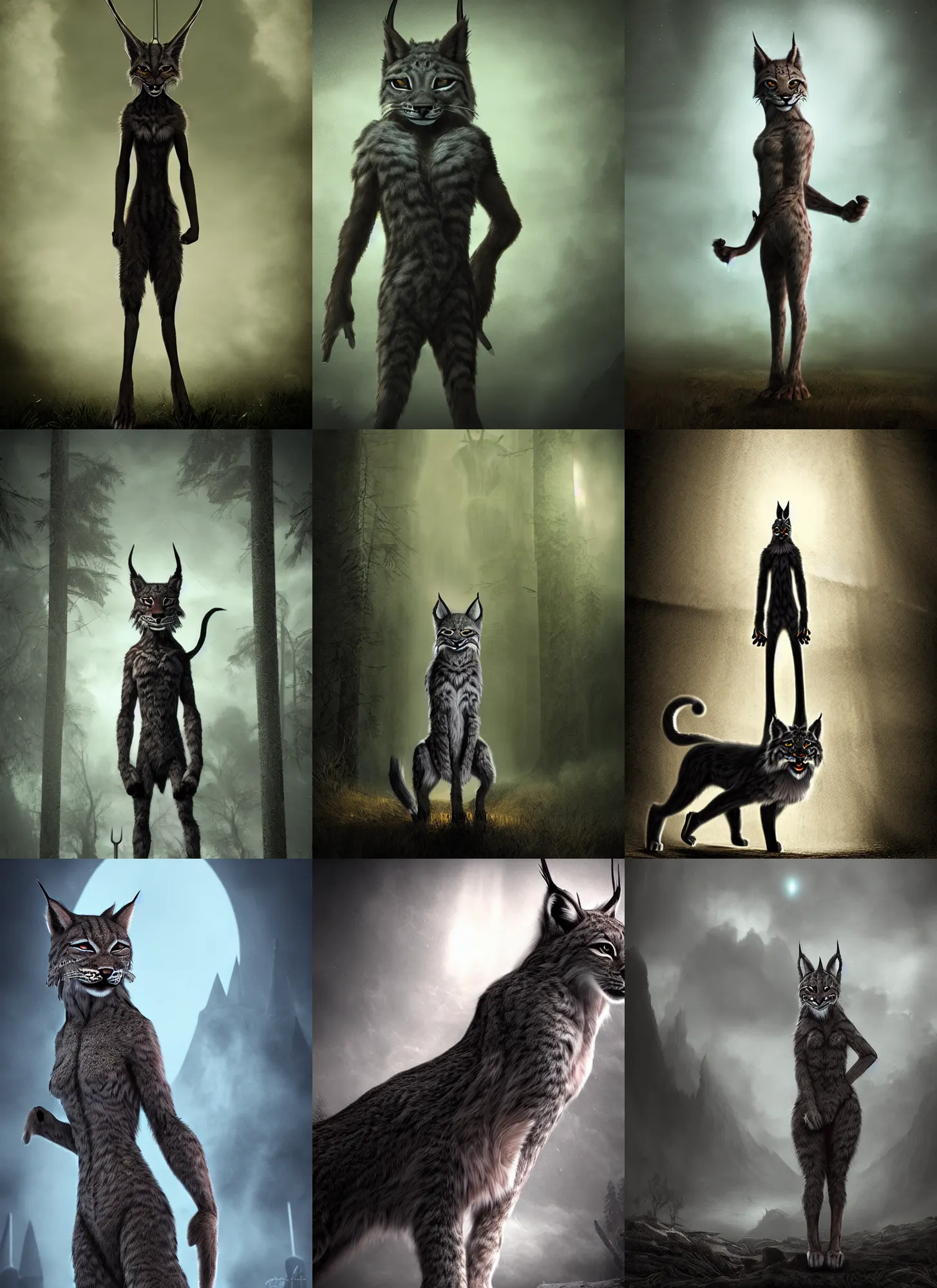 Prompt: anthropomorphic lynx, standing tall, eerie dark atmosphere, back light, matte painting in fantasy style