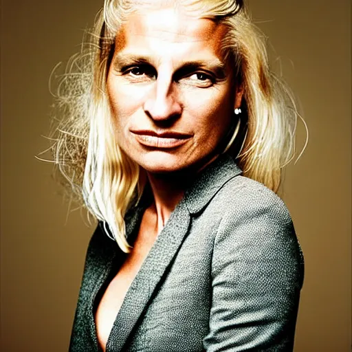 Image similar to portrait photograph by annie leibovitz of olive skinned blonde female in her thirties wearing designer clothes