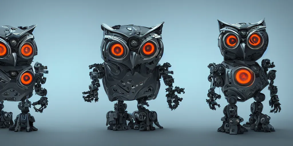 Image similar to an army of evil, malevolent, robot mechincal owls using computers. this 4 k hd image is trending on artstation, featured on behance, well - rendered, extra crisp, features intricate detail and the style of unreal engine. volumetric lighting