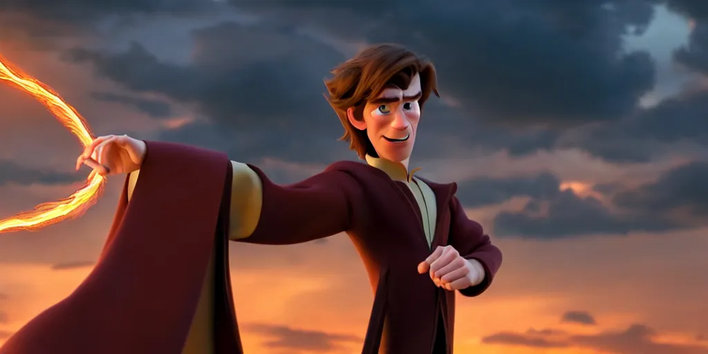 Image similar to a dramatic scene of a handsome caucasian male sorcerer with brown hair casting a spell that is emanating from his hands, action pose, medium shot, depth of field, sharp focus, waist up, pixar and dreamworks animation style