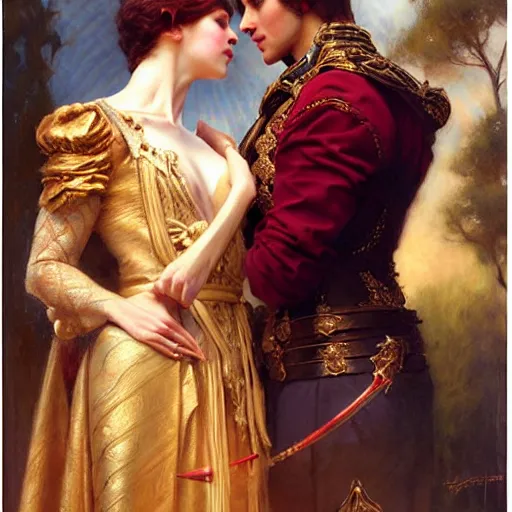 Image similar to attractive fully clothed king confesses his love for his attractive fully clothed male prince consort. highly detailed painting by gaston bussiere, tom bagshaw, j. c. leyendecker