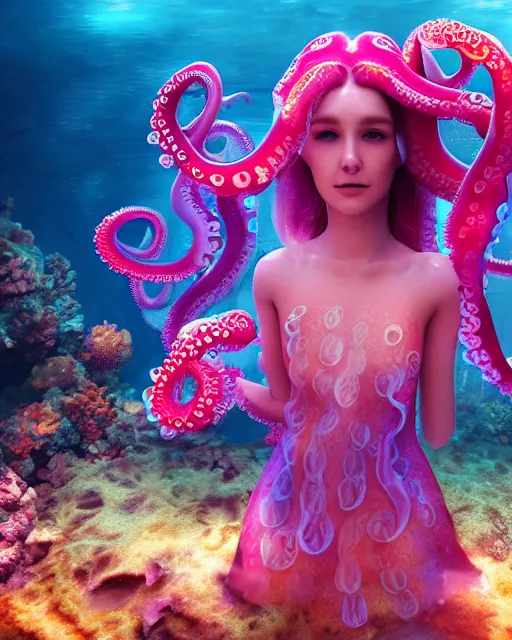 Image similar to a beautiful girl underwater wearing an octopus dress surrounded by glowing jellyfish, 8 k realistic, hyperdetailed, beautiful lighting, detailed background, depth of field, symmetrical face, frostbite 3 engine, cryengine