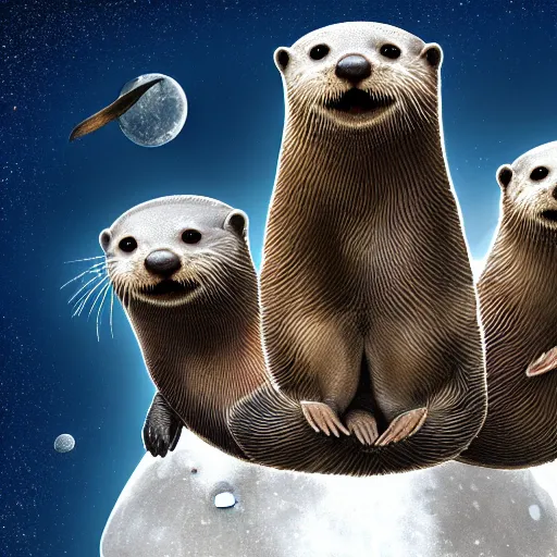 Image similar to a group of otters jumping on the moon, matte painting, concept art, detailed, 4k