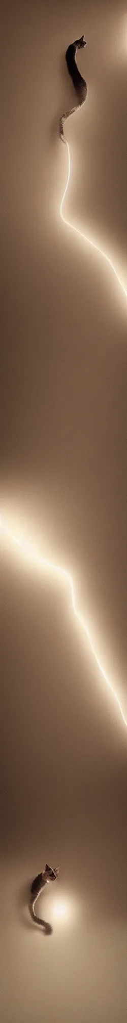 Image similar to a long long long vertical cat, photorealistic photography, volumetric light, macro
