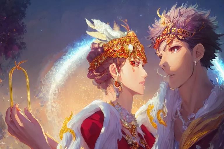 Prompt: close up moment of a divine a sun god and a moon goddess lovers magician at a wedding banquet, highly detailed, d & d, fantasy, 4 k realistic, digital painting, trending on artstation, concept art, sharp focus, illustration, art by makoto shinkai and akihiko yoshida and daniel gerhartz