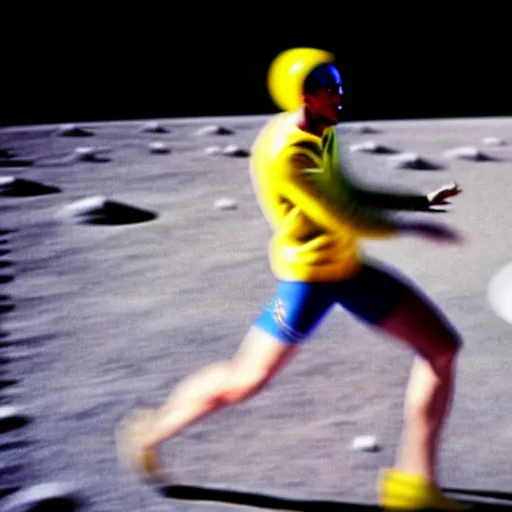 Image similar to usain bolt racing against an astronaut on the moon, kodachrome film