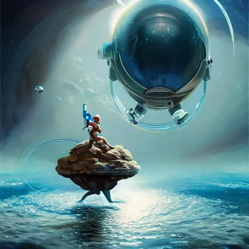 Image similar to photograph of an astronaut running on water，unreal engine 5, extreme detail, focused, masterpiece, art by Peter Mohrbacher