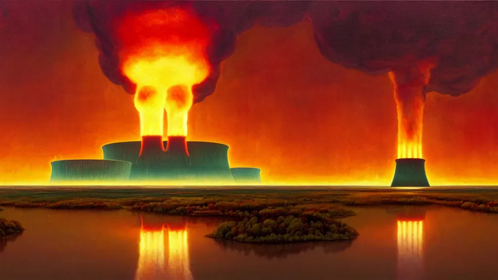 Image similar to A nuclear power plant residing over the mirrored lakes of Hell by Simon Stålenhag and J.M.W. Turner, oil on canvas; Nuclear Fallout, Art Direction by Adam Adamowicz; 4K, 8K Ultra-Realistic Depth Shading