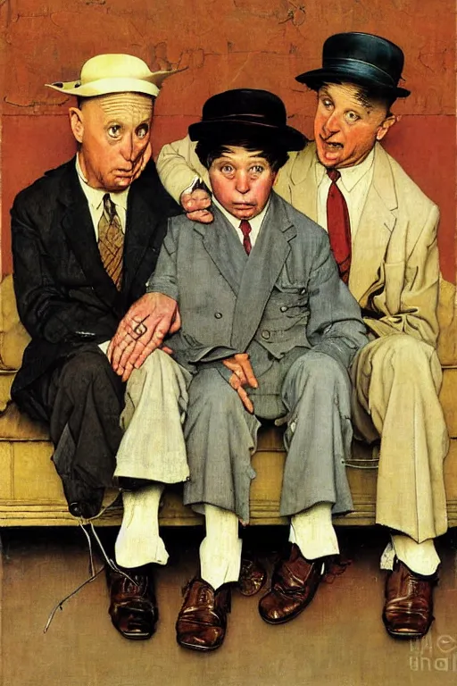 Prompt: the three stooges painted by norman rockwell