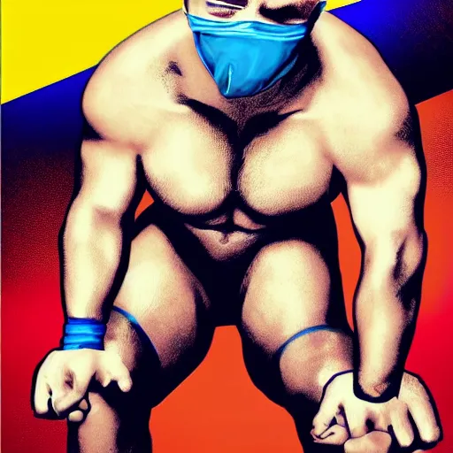 Image similar to muscular wrestler, bald, eyepatch, blue mask covering mouth, realistic,