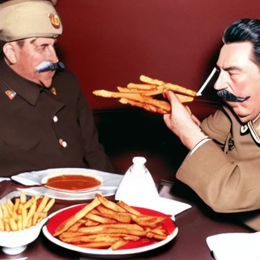 Prompt: stalin eats french fries with ketchup while smoking cigar