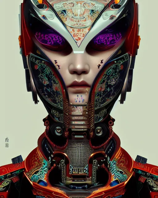 Image similar to portrait of a cyberpunk machine, machine face, upper half portrait, decorated with chinese opera motifs, asian, fine china, traditional chinese art, intricate, elegant, highly detailed, symmetry, headpiece, digital painting, artstation, concept art, smooth, sharp focus, illustration, art by artgerm and greg rutkowski and alphonse mucha, 8 k