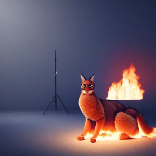 Image similar to wide-angle photo of fluffy caracal sitting on a wooden chair in a room, flames of fire at background, octane render, 3d, 8k, hd, studio light