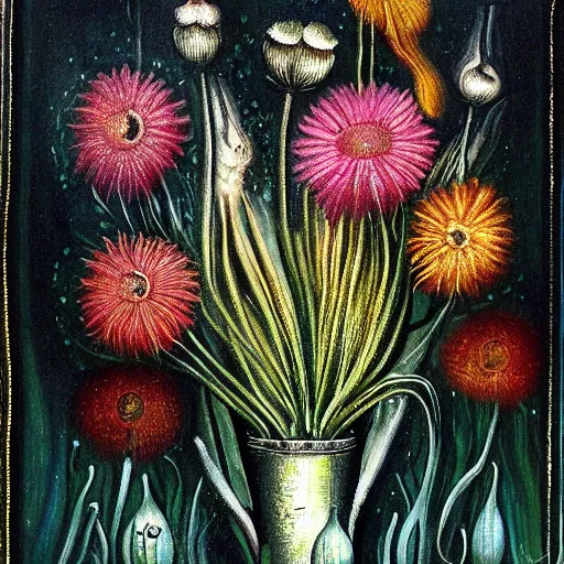 Image similar to A beautiful painting of flowers by HR Giger