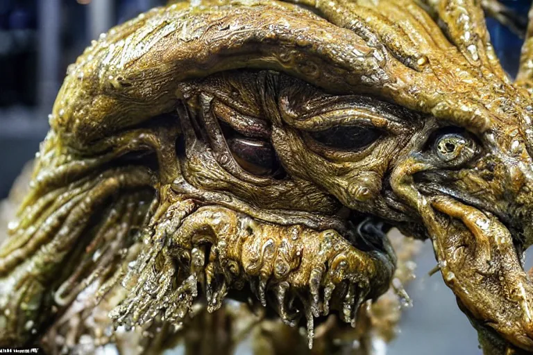 Image similar to photo taken of an epic intricate, ultra detailed, super realistic sculpture of a wet, slimy, nightmarish hellish demonic trllobite creature on display in a workshop, created by weta workshop, zoomed in shots, photorealistic, sharp focus, f 0. 4, face centred, macro photography, golden ratio, golden hour