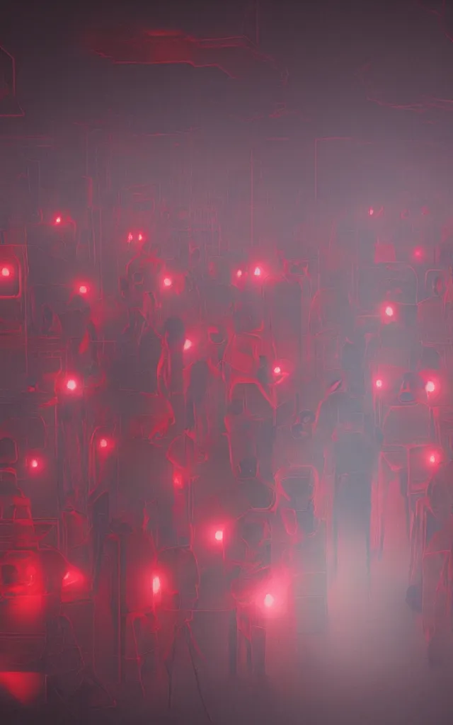 Prompt: a group of people with red lights instead of faces, in a dark room, an ultrafine detailed painting by victor mosquera, les automatistes, reimagined by industrial light and magic, redshift