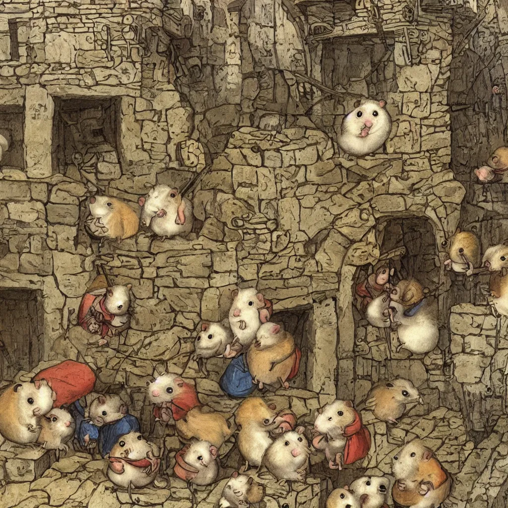 Image similar to hamster in a medieval stockade in the town square and a crowd of angry hamsters surrounding it, 1 2 th century europe theme