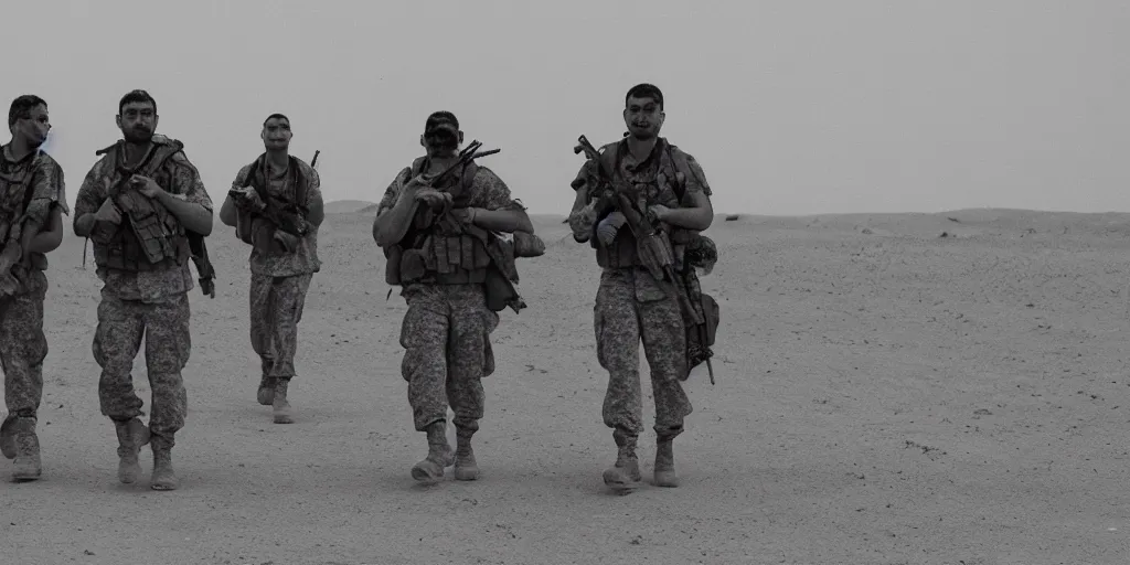 Image similar to an anamorphic rooster walking the sands of iraq with his platoon. cinematic photograph. 35mm.