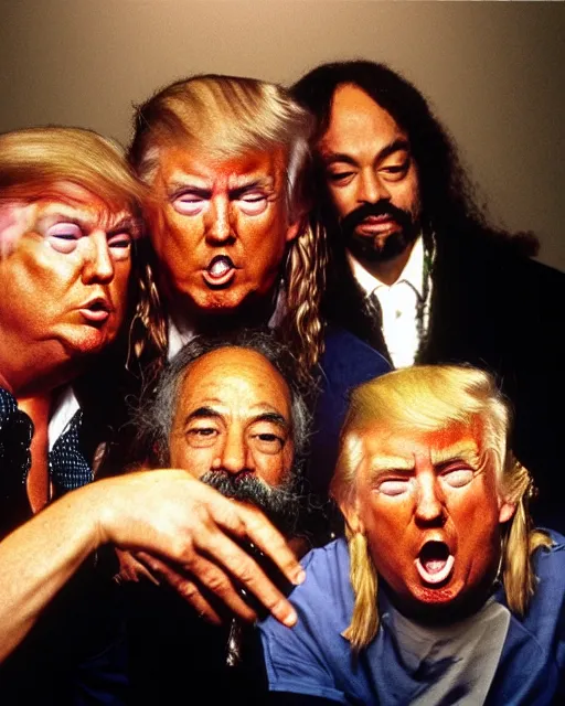 Image similar to donald trump with long hippie hair, smoking cannabis, photographed with cheech and chong in the style of annie leibovitz, studio lighting