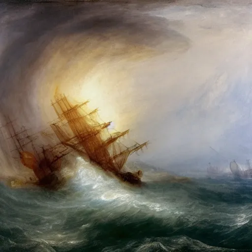 Prompt: giant octopus with giant tentacles attacking a frigate on a stormy sea, in the style of jmw turner