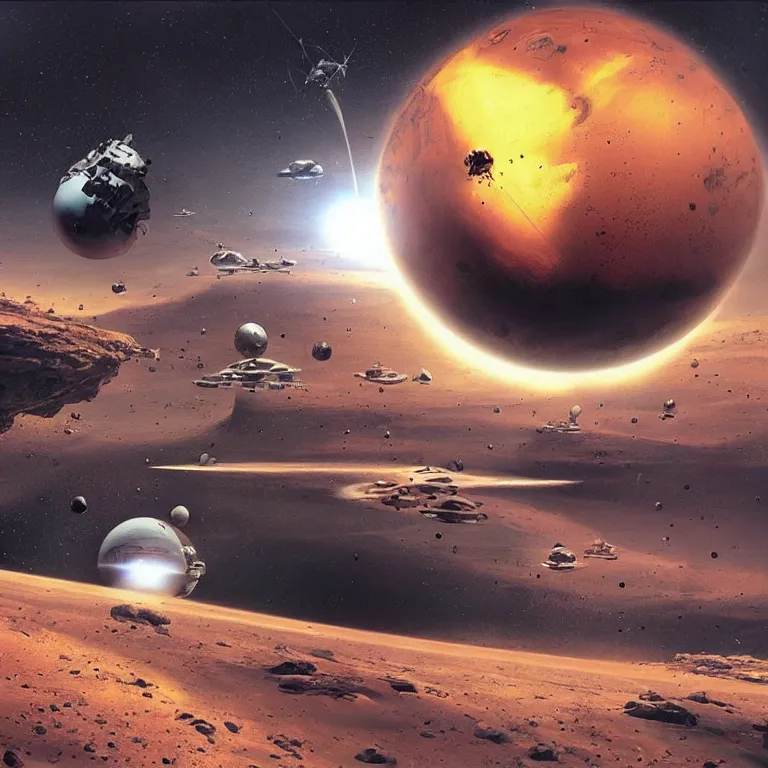 Prompt: “sphere shaped spaceships hovering above Mars, sci-fi concept art, 8k, by John Harris, by john Berkey, mechanical space hornets, digital art”