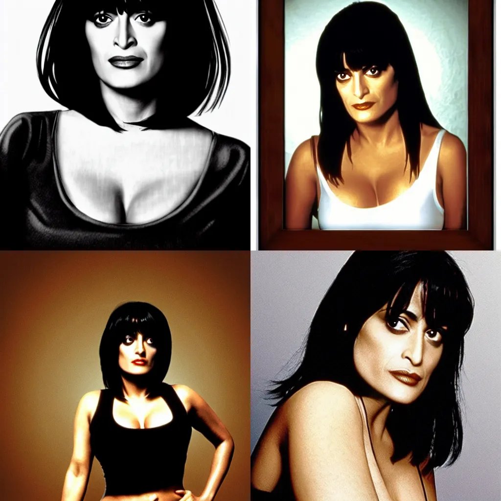 Prompt: Portrait of Selma Hayek as Mia Wallace from Pulp Fiction