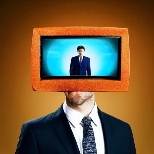 Image similar to a man in a suit wearing a tv on his head, head replaced with a tv, tv covering head