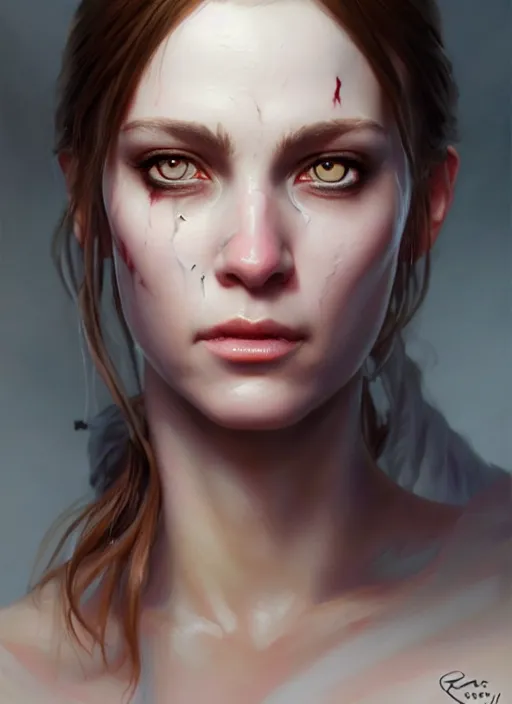 Image similar to a _ fantasy _ style _ portrait _ painting _ of female with scar under left eye, holy oil _ painting _ unreal _ 5 _ daz. _ rpg _ portrait _ extremely _ detailed _ artgerm _ greg _ rutkowski _ greg