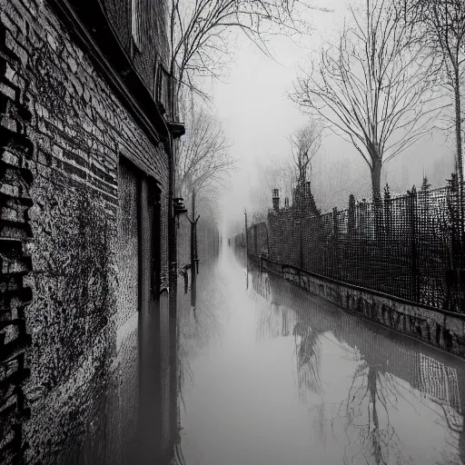 Image similar to flooded overgrown victorian london alley, highly detailed, eldritch, ominous, dawn, chilly dark mood, modern very sharp photo