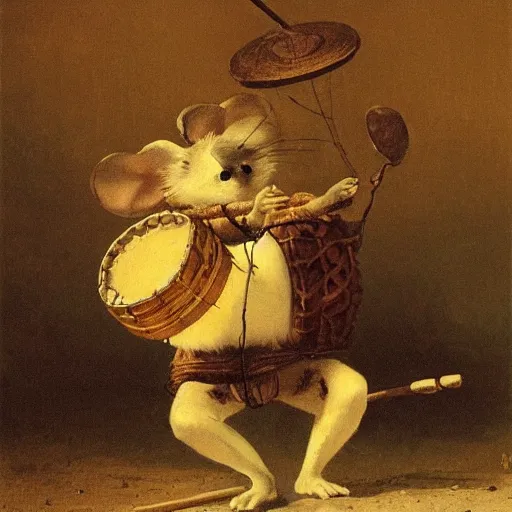 Prompt: mouse with drum, forrest background, by carl spitzweg, close up